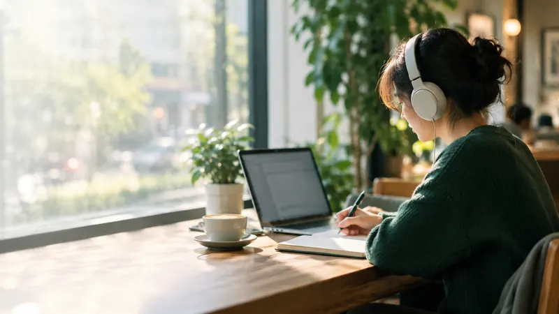 A learner with headphones taking notes at a café table by the window