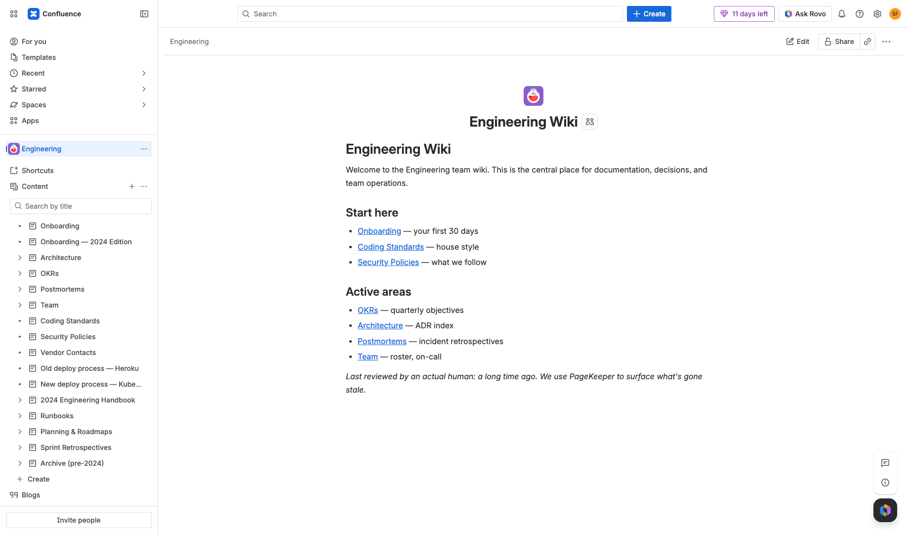 PageKeeper dashboard scoped to the Engineering space, showing per-page health and stale-reason chips